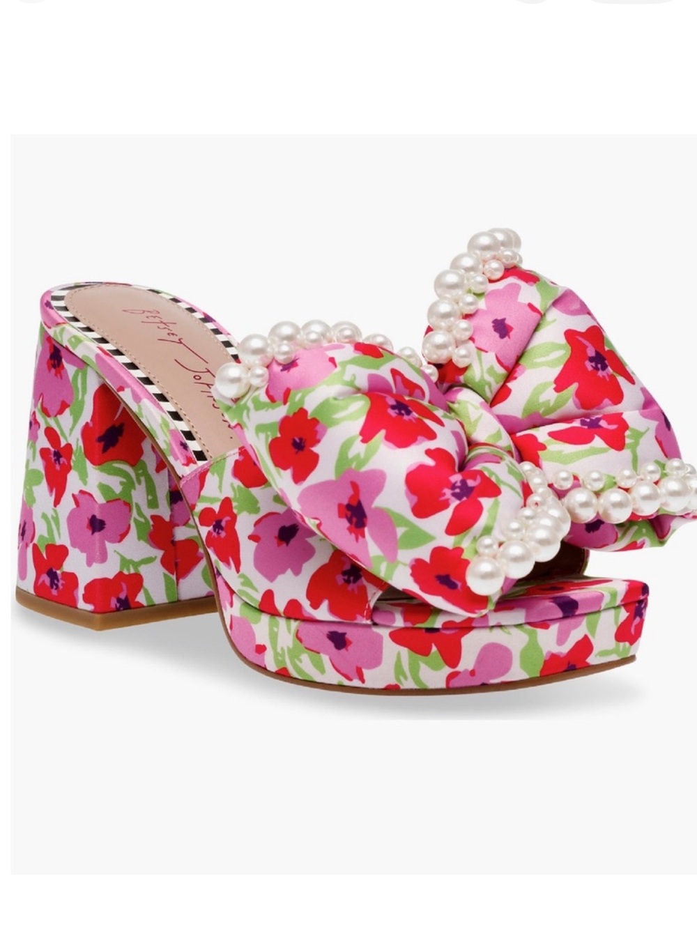 Betsey Johnson Pink Floral Pearl Bow Platform Mules